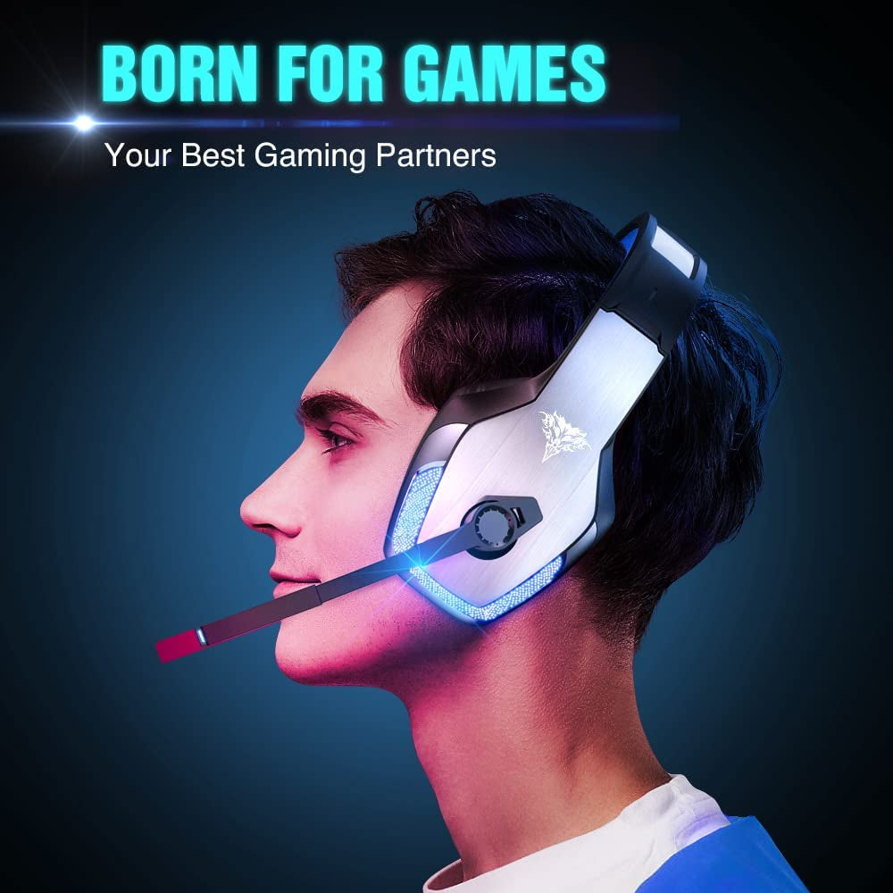 V-4 Gaming Headset for Xbox One, PS4, PC, Controller, Noise Cancelling over Ear Headphones with Mic, LED Light Bass Surround Soft Memory Earmuffs for PS2 Mac Sega Dreamcast PS5 Games