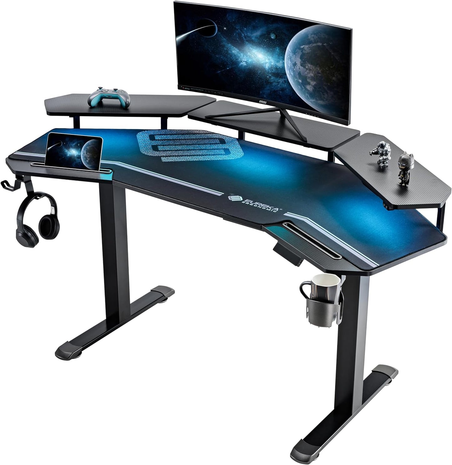 Gaming Desk, Standing Desk Keyboard Tray, 72" Wing Shaped Music Studio Desk Electric Adjustable Height Desk Sit Stand Desk with LED Shelves, Gaming Recording Live Stream, Slot Design