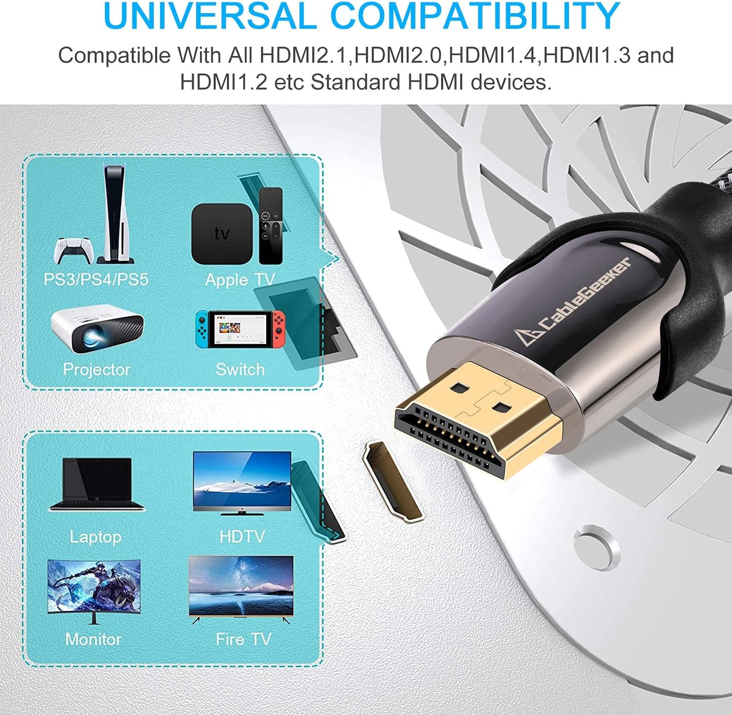 Long 8K HDMI 2.1 Cable 50FT, 48Gbps Ultra HD Lead High Speed Cord Connector, Supports 8K@60Hz, 4K@120Hz, Earc HDR10, HDCP 2.2/2.3 Dolby, VRR, Compatible with Fire Tv/Roku Tv/Ps5/Xbox X/Switch Etc