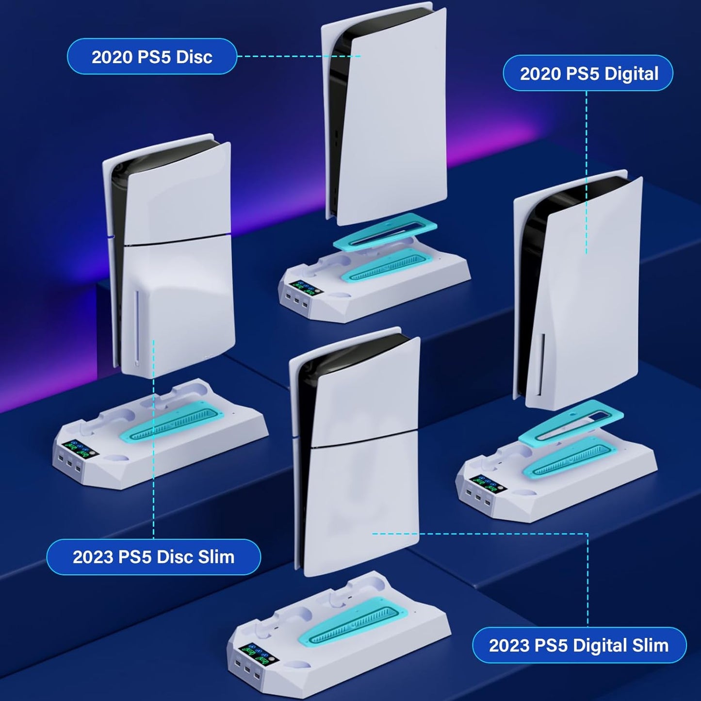 For PS5/PS5 Slim Cooling Station with Controller Charging Station for Playstation 5 Slim&Standard Disc/Digital Console, Stand for PS5 Slim Cooler Accessories Incl Cooling Fan/3 USB Hub/Headset Holder