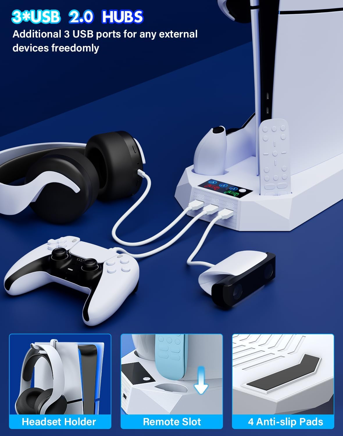 For PS5/PS5 Slim Cooling Station with Controller Charging Station for Playstation 5 Slim&Standard Disc/Digital Console, Stand for PS5 Slim Cooler Accessories Incl Cooling Fan/3 USB Hub/Headset Holder
