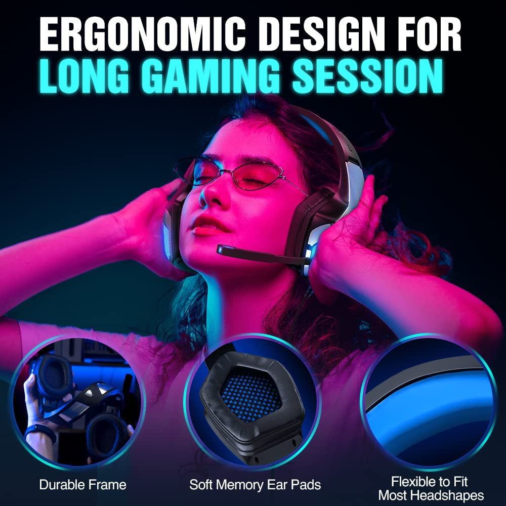 V-4 Gaming Headset for Xbox One, PS4, PC, Controller, Noise Cancelling over Ear Headphones with Mic, LED Light Bass Surround Soft Memory Earmuffs for PS2 Mac Sega Dreamcast PS5 Games