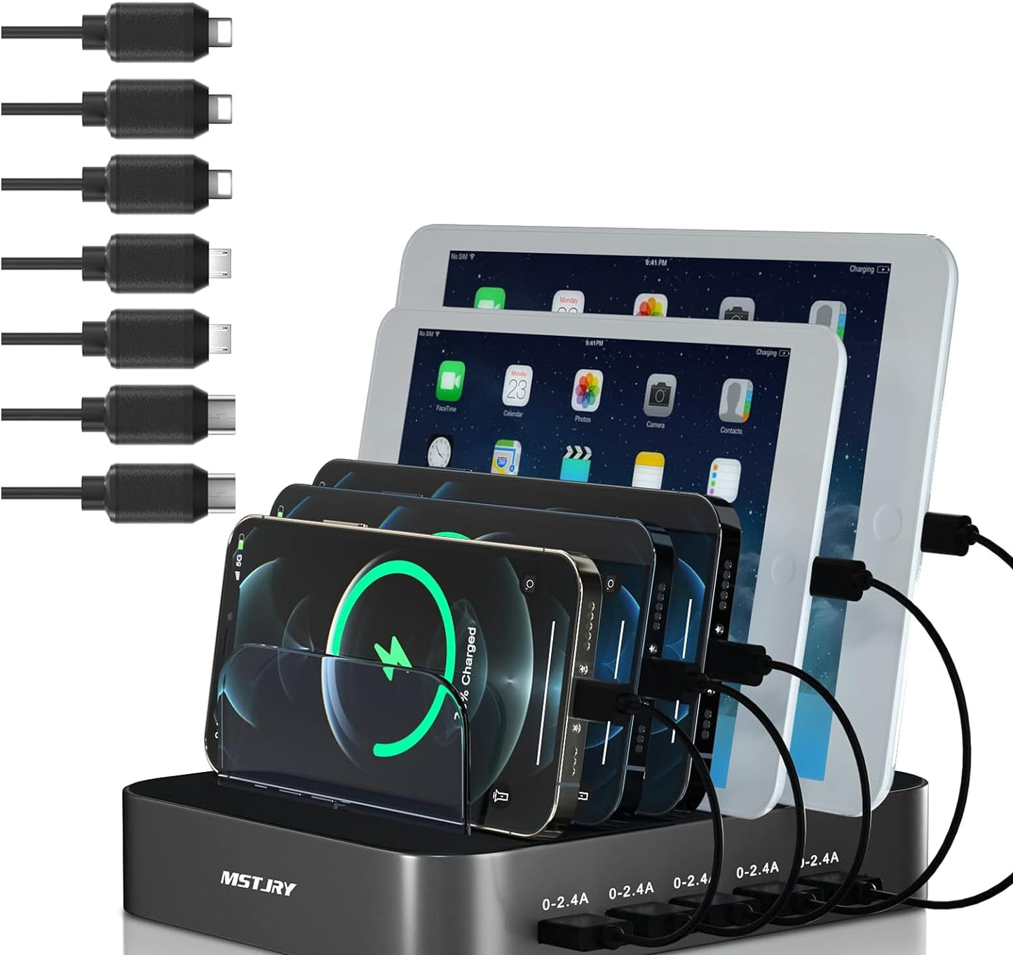 Charging Station for Multiple Devices, 5 Port Multi USB-A Charger Station with Power Switch Designed for Iphone Ipad Cell Phone Tablets (Gray, 7 Mixed Short Cables Included)