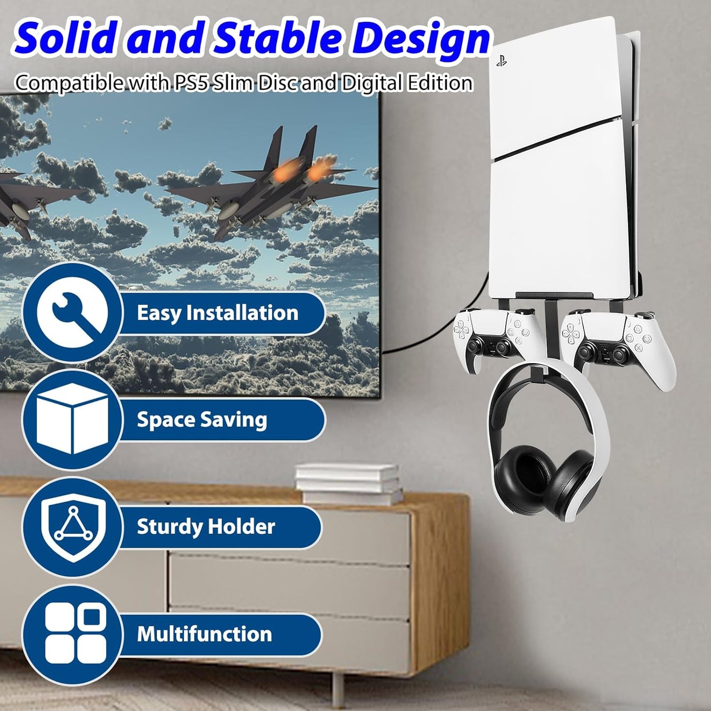 Wall Mount for PS5 Slim 2023 (Disc and Digital Edition), Wall Bracket for Playstation 5 Slim with Detachable Controller Holder & Headphone Hanger, Stealth PS5 Slim Wall Mount