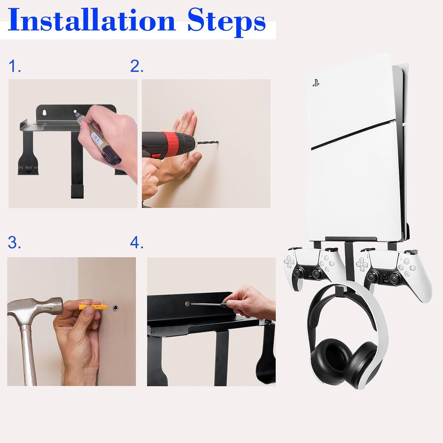 Wall Mount for PS5 Slim 2023 (Disc and Digital Edition), Wall Bracket for Playstation 5 Slim with Detachable Controller Holder & Headphone Hanger, Stealth PS5 Slim Wall Mount
