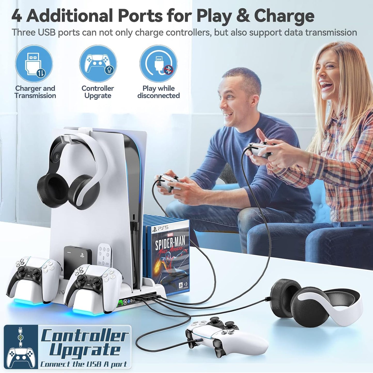 PS5 / PS5 Slim Stand and Cooling Station with RGB LED Controller Charging Station for Playstation 5 Console, PS5 Controller Charger, PS5 / PS5 Slim Accessories with 3 Level Cooling Fan