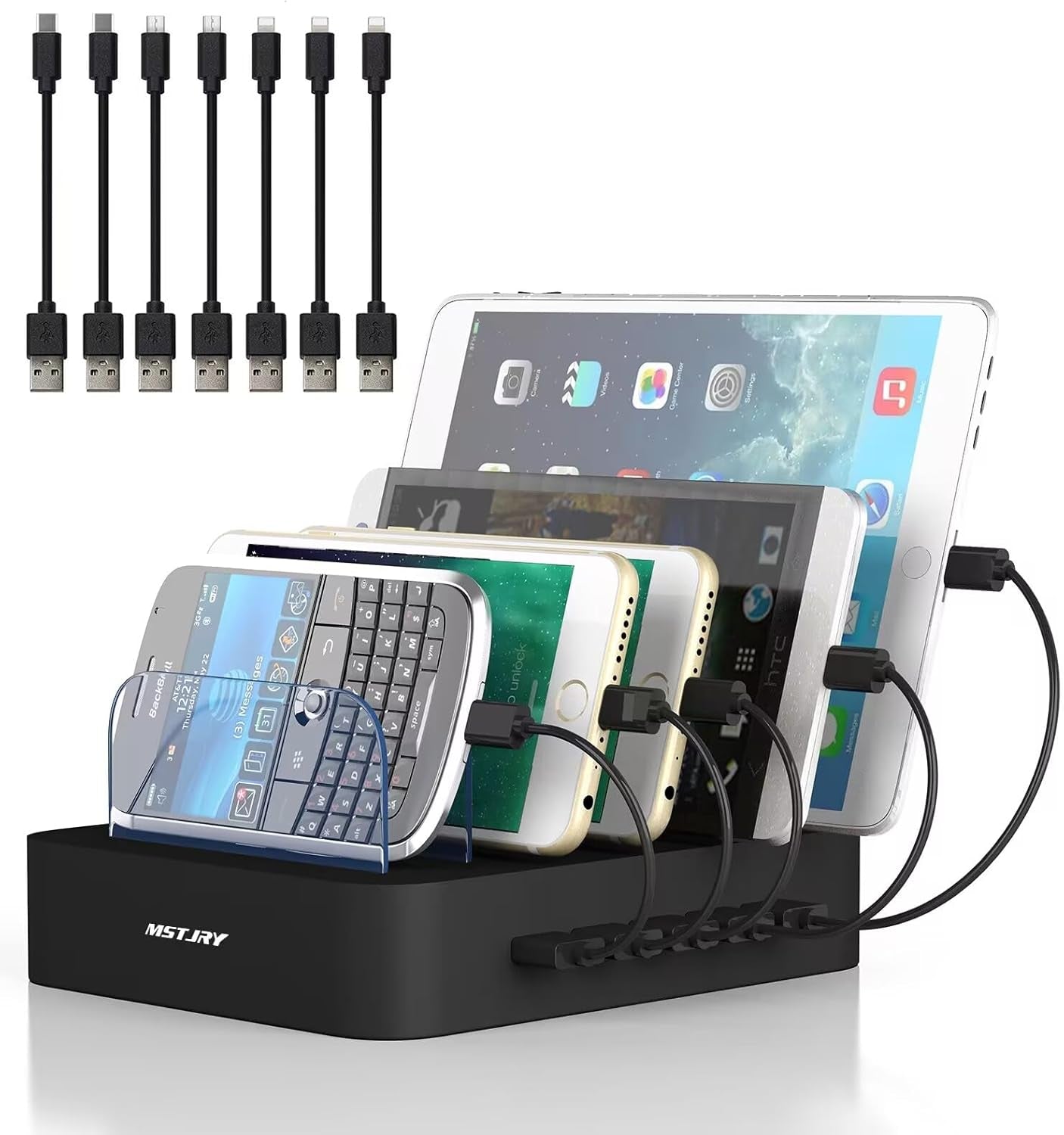 Charging Station for Multiple Devices, 5 Port Multi USB-A Charger Station with Power Switch Designed for Iphone Ipad Cell Phone Tablets (Gray, 7 Mixed Short Cables Included)