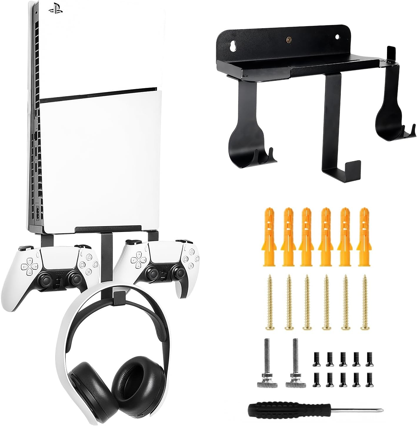 Wall Mount for PS5 Slim 2023 (Disc and Digital Edition), Wall Bracket for Playstation 5 Slim with Detachable Controller Holder & Headphone Hanger, Stealth PS5 Slim Wall Mount