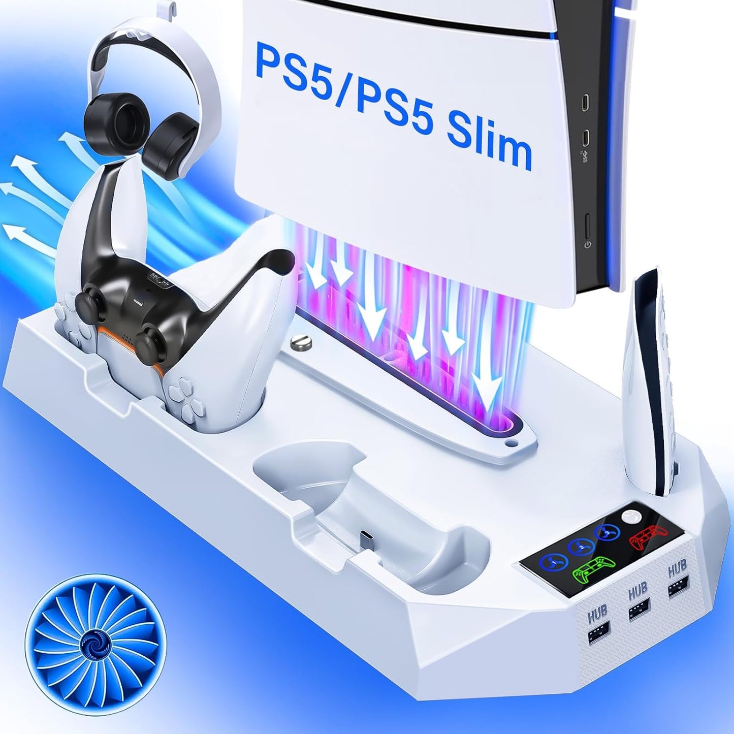 For PS5/PS5 Slim Cooling Station with Controller Charging Station for Playstation 5 Slim&Standard Disc/Digital Console, Stand for PS5 Slim Cooler Accessories Incl Cooling Fan/3 USB Hub/Headset Holder
