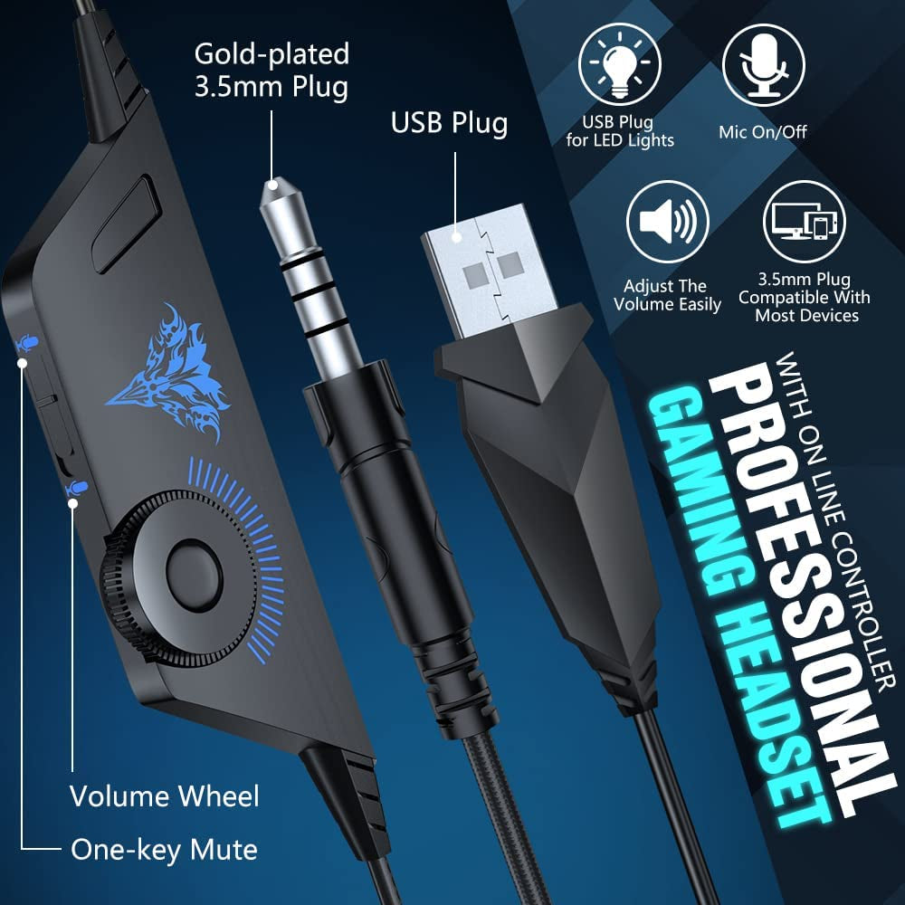 V-4 Gaming Headset for Xbox One, PS4, PC, Controller, Noise Cancelling over Ear Headphones with Mic, LED Light Bass Surround Soft Memory Earmuffs for PS2 Mac Sega Dreamcast PS5 Games