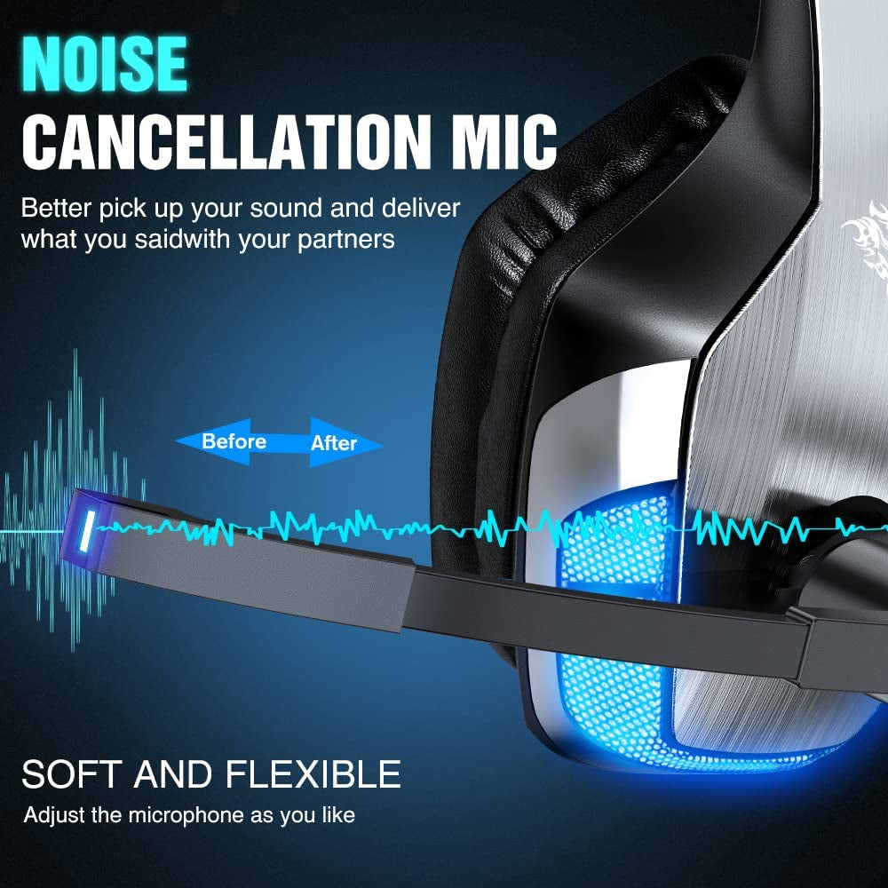 V-4 Gaming Headset for Xbox One, PS4, PC, Controller, Noise Cancelling over Ear Headphones with Mic, LED Light Bass Surround Soft Memory Earmuffs for PS2 Mac Sega Dreamcast PS5 Games