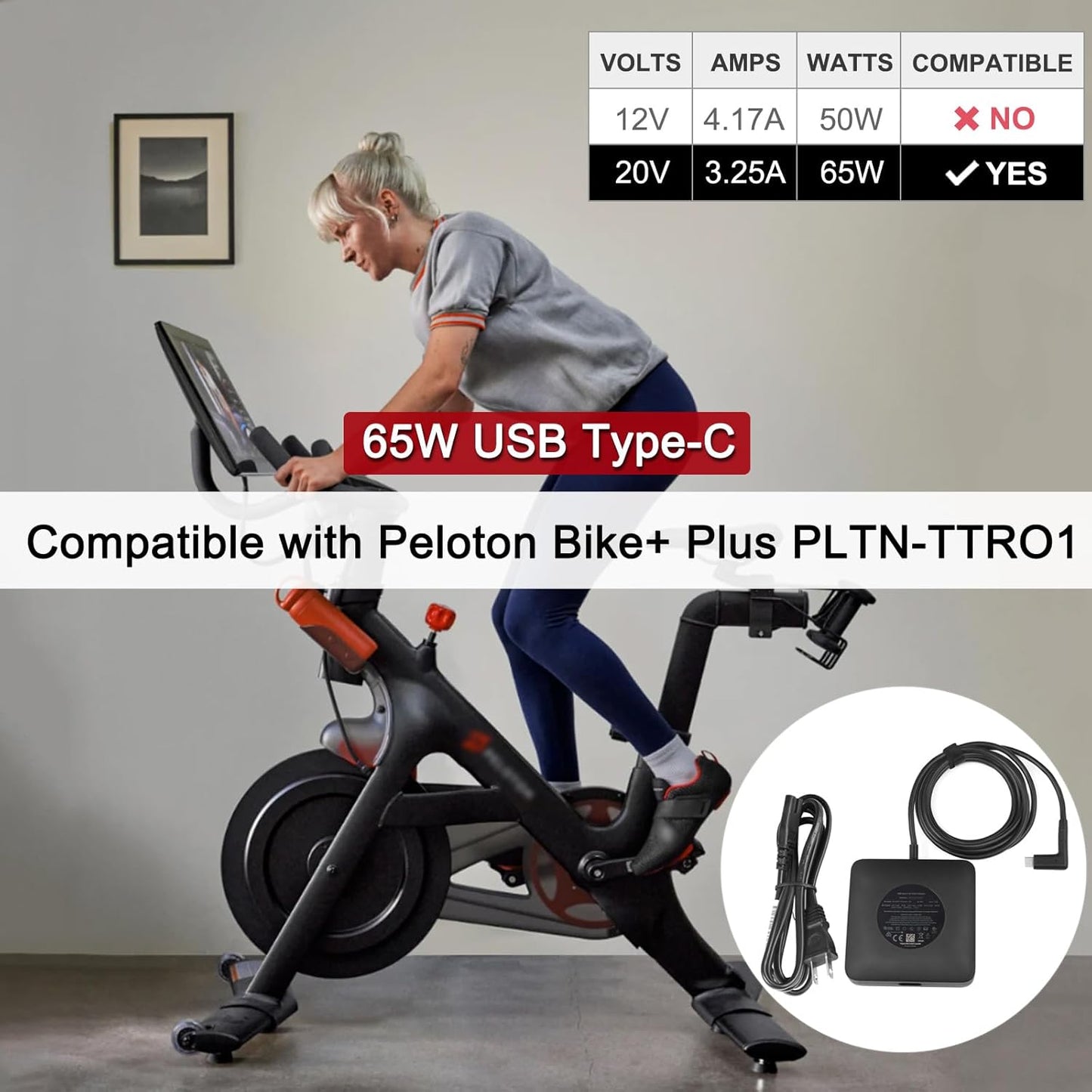 OEM 65W Charger for Peloton Bike+ plus Power Cord Peloton Bike plus PLTN-TTR01 PL-02 USB-C Power Adapter (Not 12V Peloton Bike Power Cord) with 6 Foot Long Power Cable