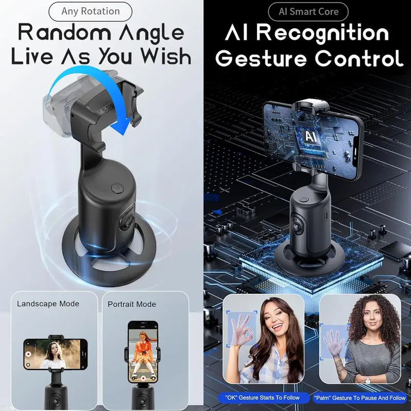 Automatic Face following Gimbal Tripod, 360° Rotatable Desktop Phone Holder with Remote Control, Al Gesture Phone Camera Holder for Live Streaming, Vlogging & Photography