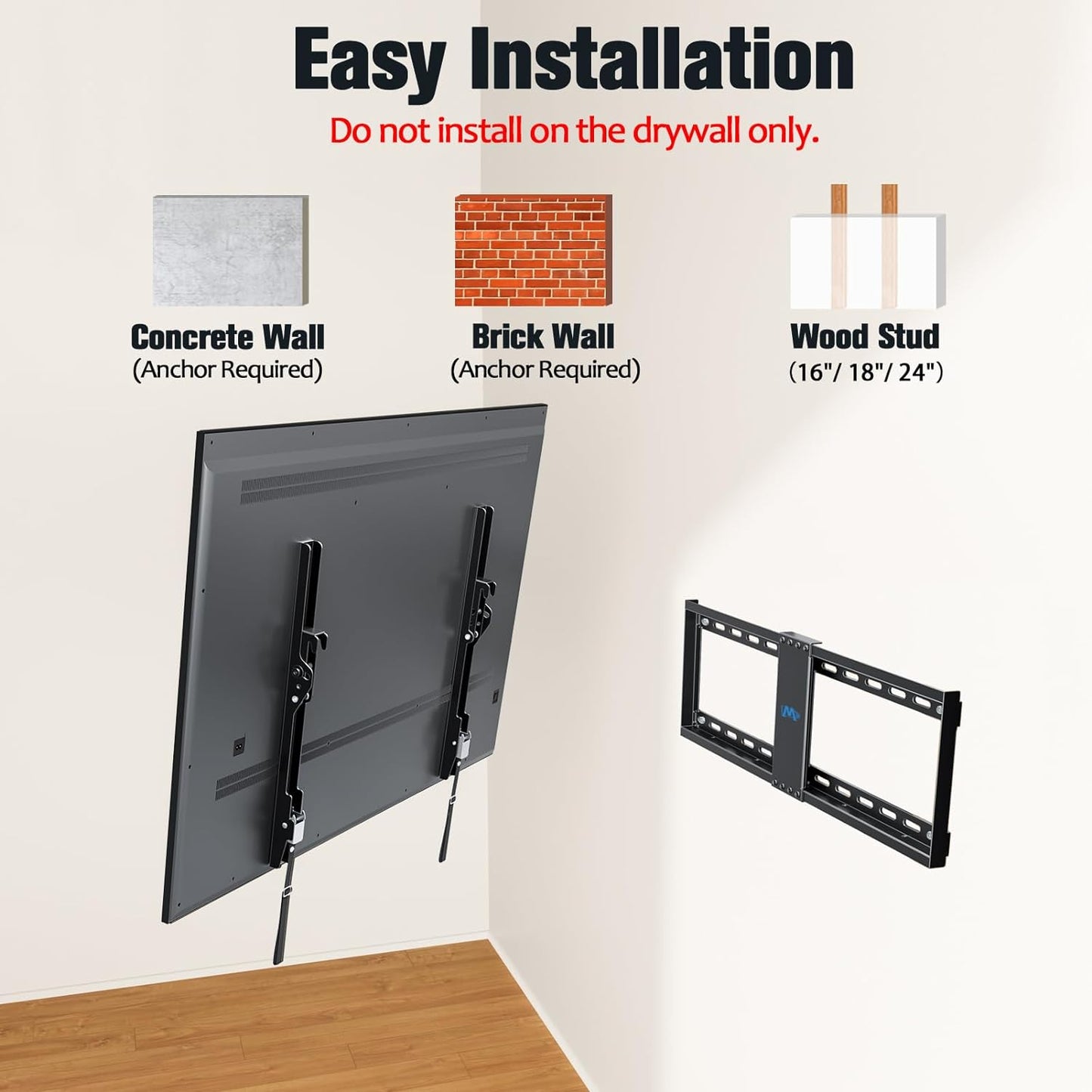 UL Listed TV Mount for Most 37-75 Inch TV, Universal Tilt TV Wall Mount Fit 16", 18", 24" Stud with Loading Capacity 132Lbs, Max Vesa 600 X 400Mm, Low Profile Flat Wall Mount Bracket