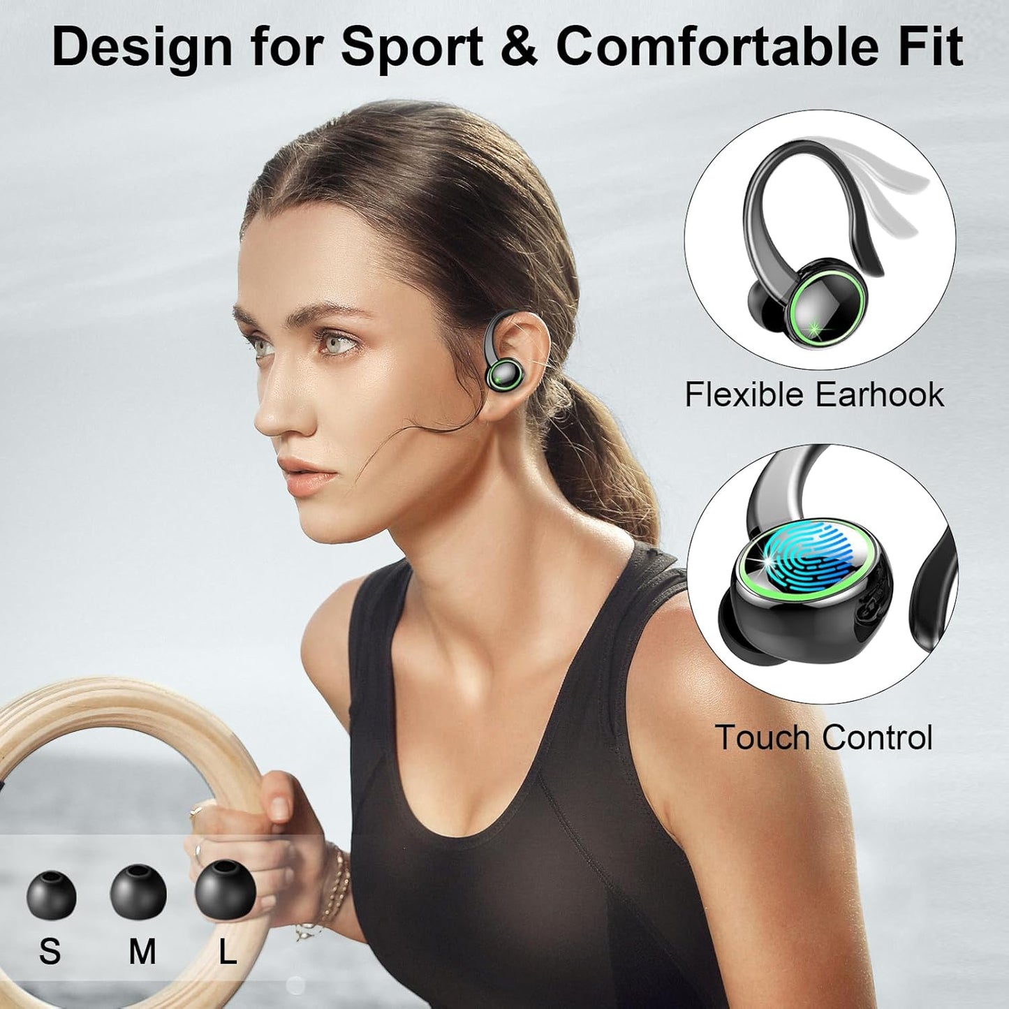 Wireless Earbuds Sports, Bluetooth Headphones 5.3, 50H Playback Over-Ear Buds with 4 ENC Noise Cancelling Mic, Deep Bass Earphones with Earhooks, IP7 Waterproof Fitness Headset for Running Workout Gym