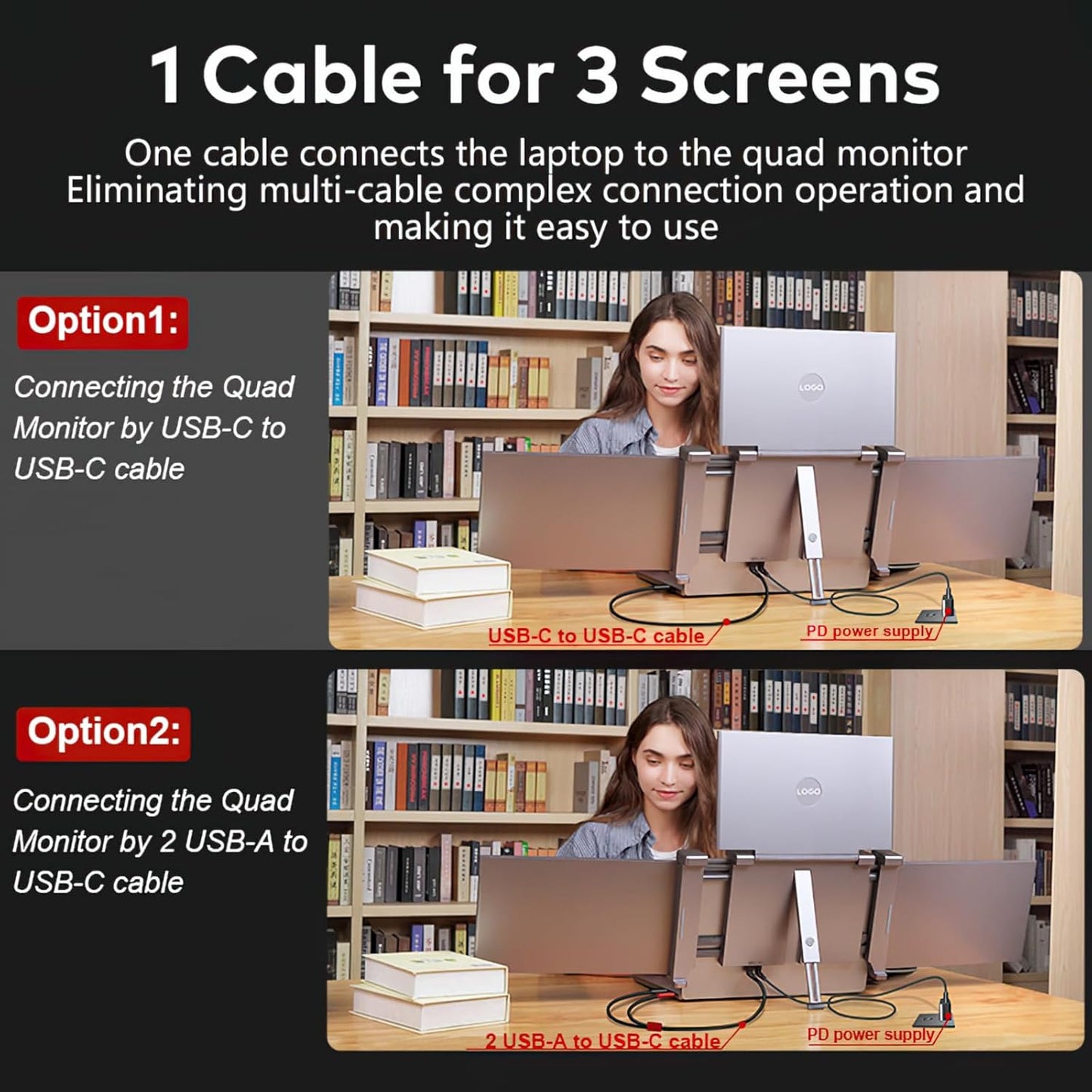 14 Inch Laptop Screen Extender,Fhd 1080P IPS Portable Quad Monitor for 13.6-17.3" Laptops Foldable Monitor,One Cable for Three Displays, Extender Compatible with Wins/Mac(M1 M2 M3)