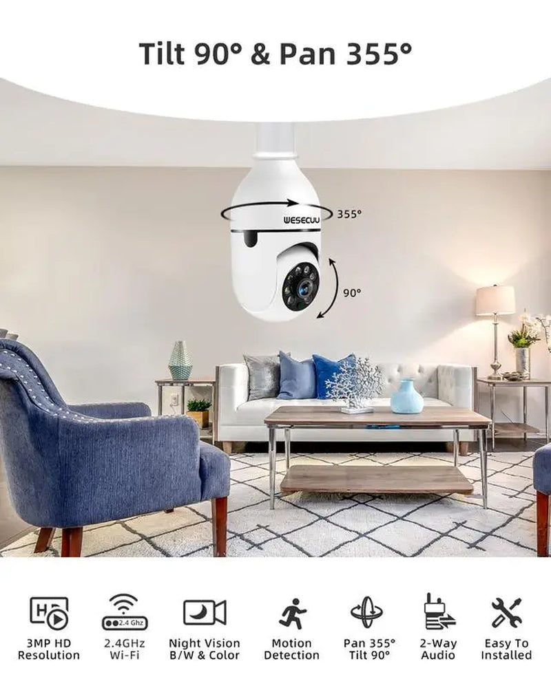 Wireless Light Bulb Security Camera, 5G&2.4Ghz Wifi, 3MP HD, Infrared Night Vision, Pan/Tilt, 2-Way Audio, Human Detection, Alexa Compatible, Micro SD, Time-Limited Offer, Back to School Gifts
