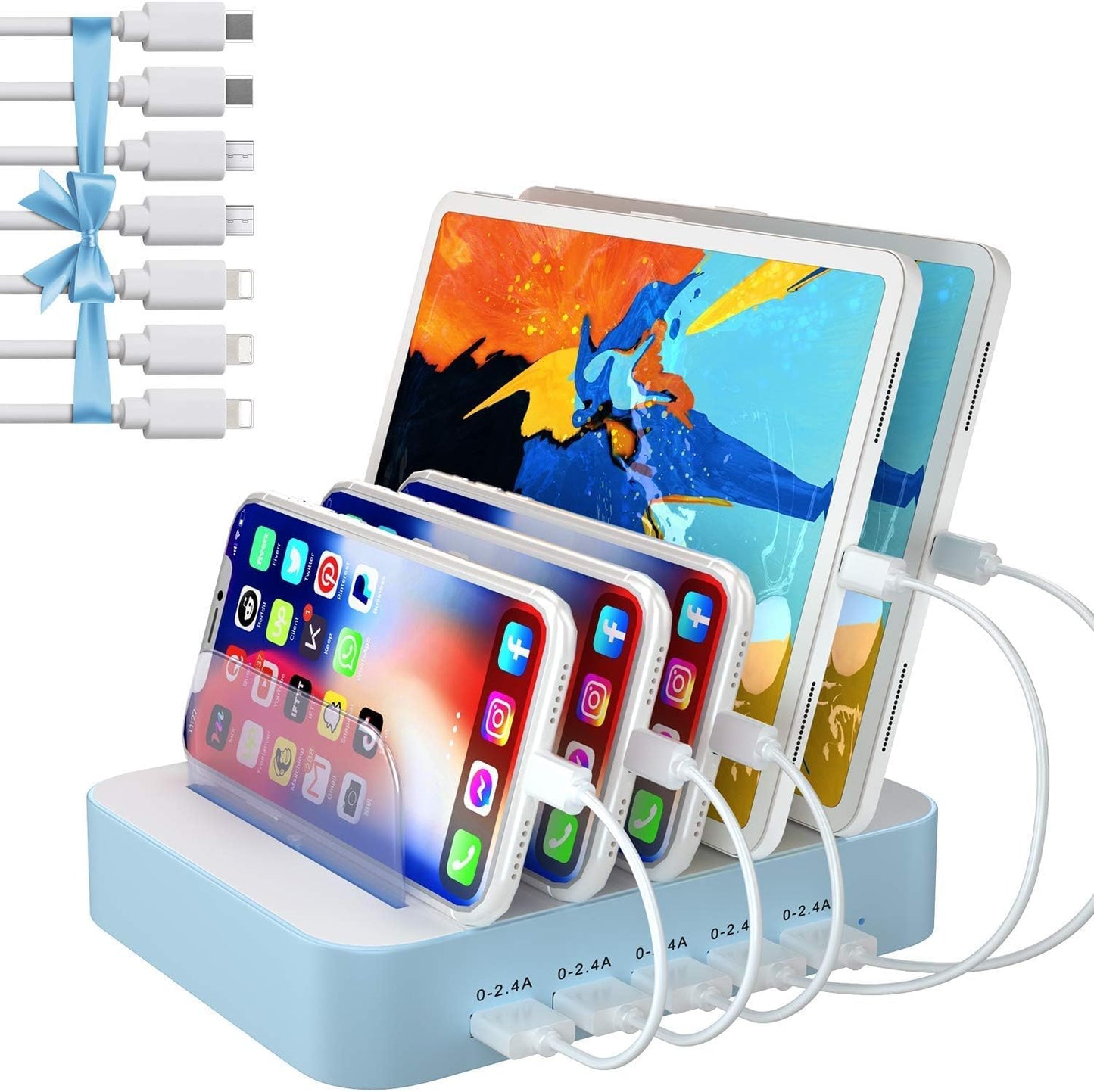 Charging Station for Multiple Devices, 5 Port Multi USB-A Charger Station with Power Switch Designed for Iphone Ipad Cell Phone Tablets (Gray, 7 Mixed Short Cables Included)