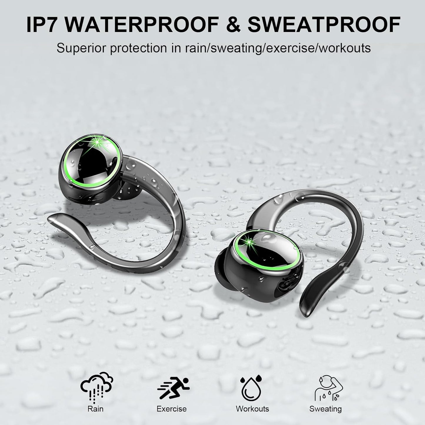Wireless Earbuds Sports, Bluetooth Headphones 5.3, 50H Playback Over-Ear Buds with 4 ENC Noise Cancelling Mic, Deep Bass Earphones with Earhooks, IP7 Waterproof Fitness Headset for Running Workout Gym