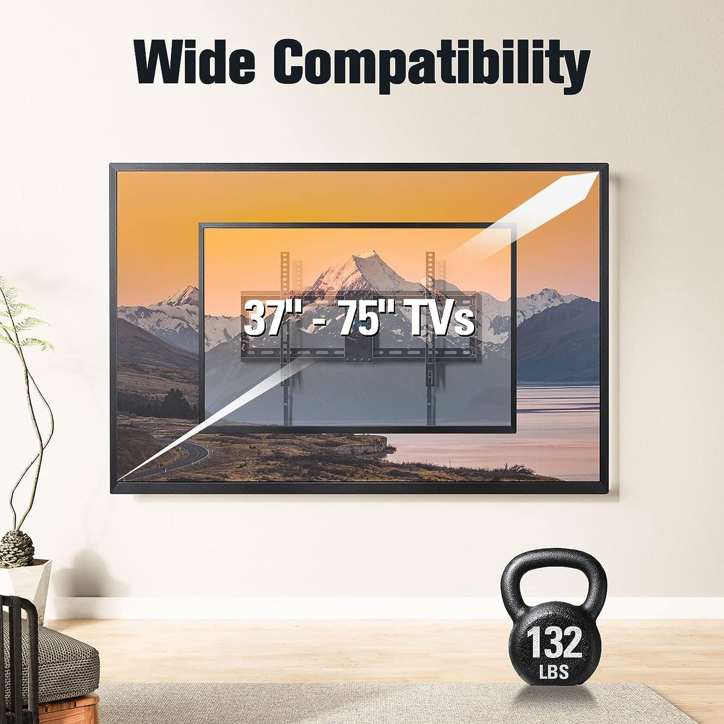 UL Listed TV Mount for Most 37-75 Inch TV, Universal Tilt TV Wall Mount Fit 16", 18", 24" Stud with Loading Capacity 132Lbs, Max Vesa 600 X 400Mm, Low Profile Flat Wall Mount Bracket