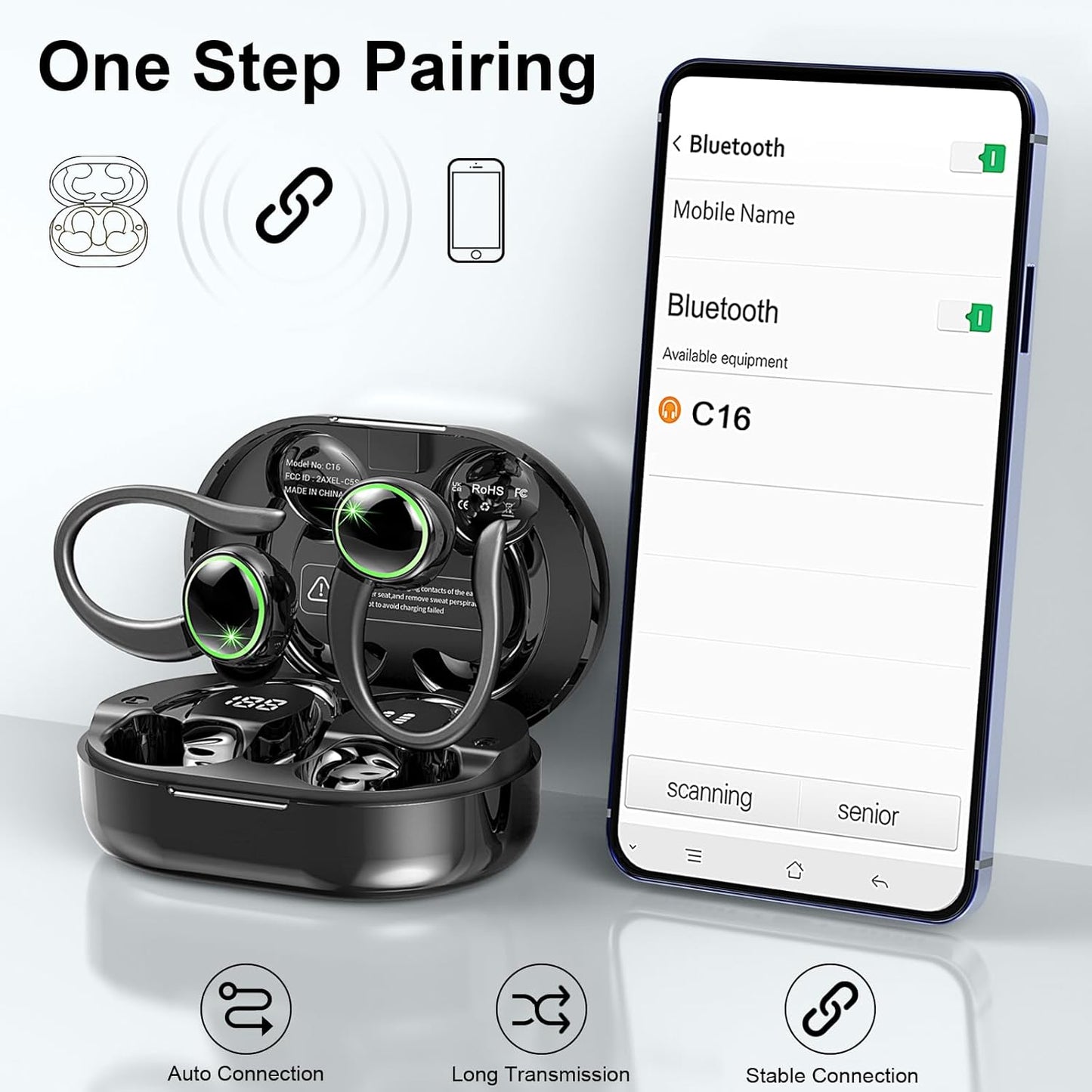 Wireless Earbuds Sports, Bluetooth Headphones 5.3, 50H Playback Over-Ear Buds with 4 ENC Noise Cancelling Mic, Deep Bass Earphones with Earhooks, IP7 Waterproof Fitness Headset for Running Workout Gym