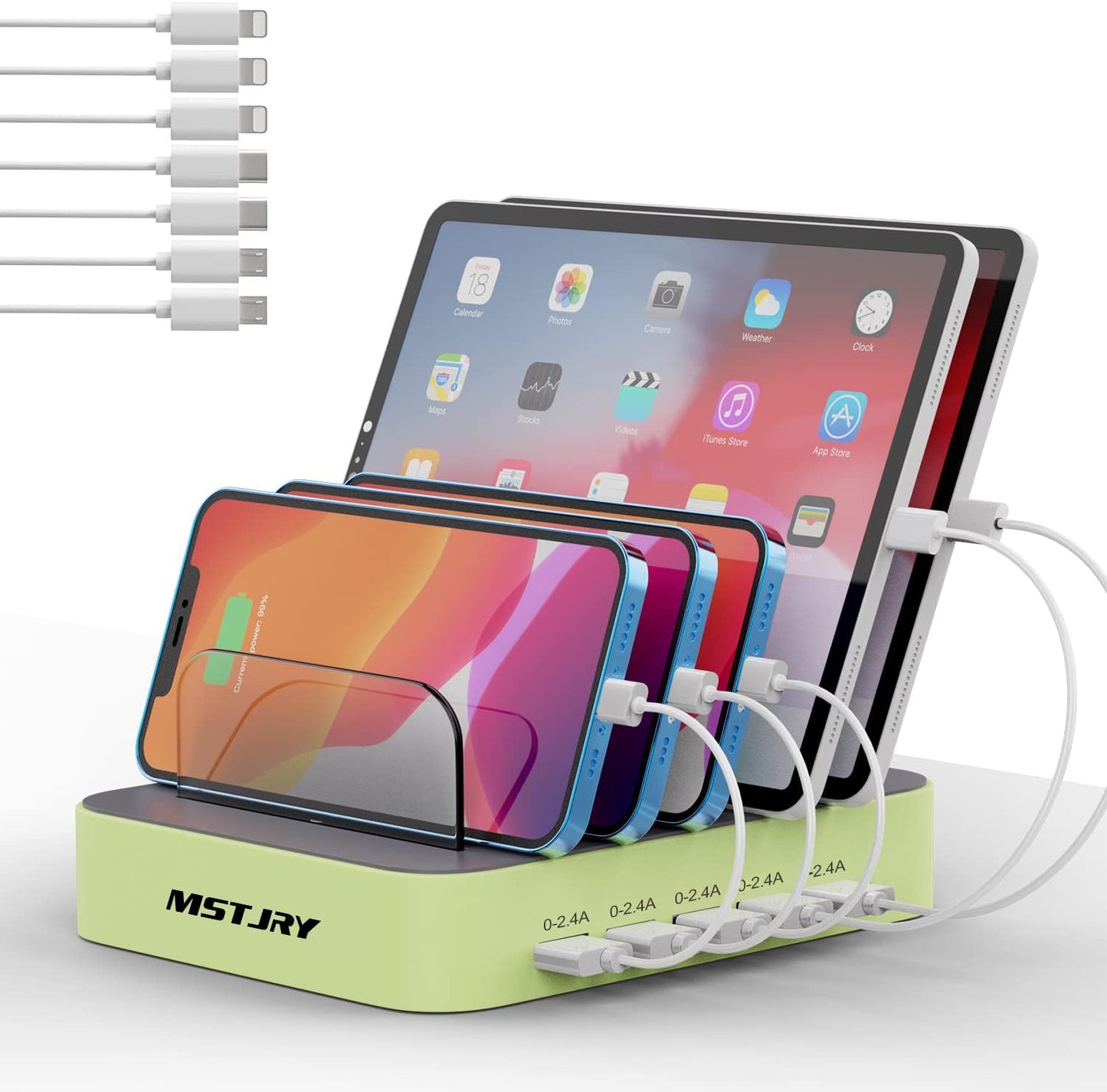 Charging Station for Multiple Devices, 5 Port Multi USB-A Charger Station with Power Switch Designed for Iphone Ipad Cell Phone Tablets (Gray, 7 Mixed Short Cables Included)