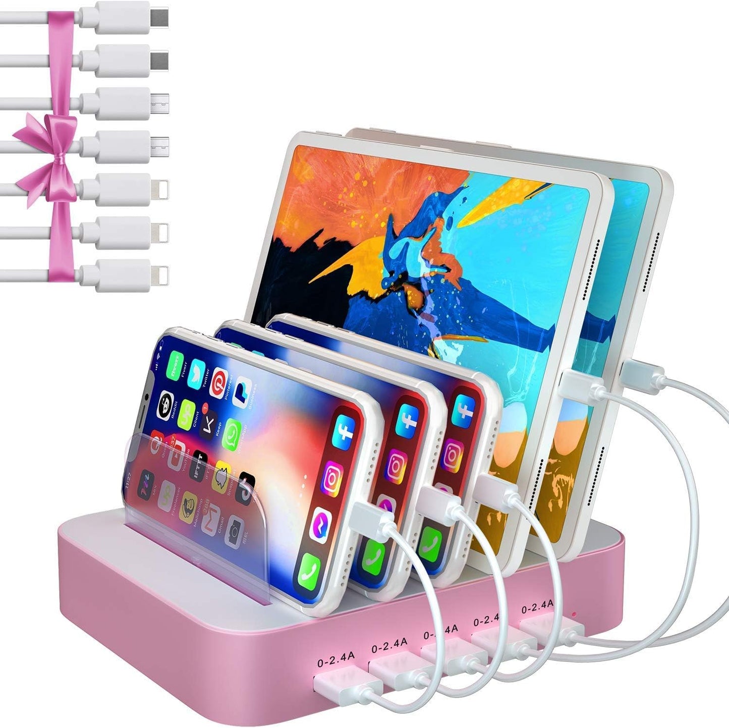 Charging Station for Multiple Devices, 5 Port Multi USB-A Charger Station with Power Switch Designed for Iphone Ipad Cell Phone Tablets (Gray, 7 Mixed Short Cables Included)