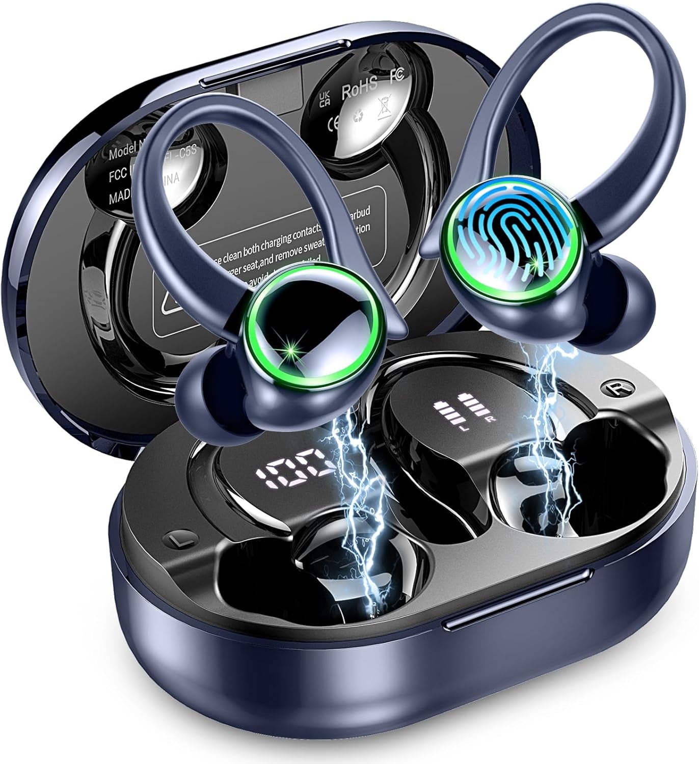 Wireless Earbuds Sports, Bluetooth Headphones 5.3, 50H Playback Over-Ear Buds with 4 ENC Noise Cancelling Mic, Deep Bass Earphones with Earhooks, IP7 Waterproof Fitness Headset for Running Workout Gym