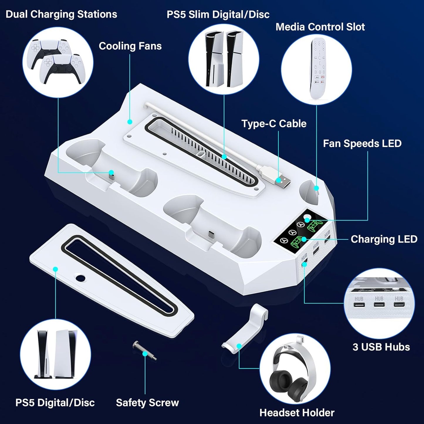For PS5/PS5 Slim Cooling Station with Controller Charging Station for Playstation 5 Slim&Standard Disc/Digital Console, Stand for PS5 Slim Cooler Accessories Incl Cooling Fan/3 USB Hub/Headset Holder