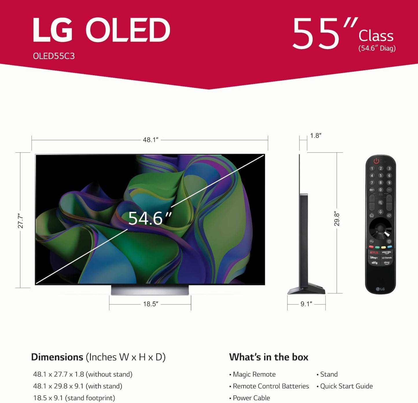 C3 Series 55-Inch Class OLED Evo 4K Processor Smart Flat Screen TV for Gaming with Magic Remote Ai-Powered OLED55C3PUA, 120Hz Refresh Rate, 2023 with Alexa Built-In