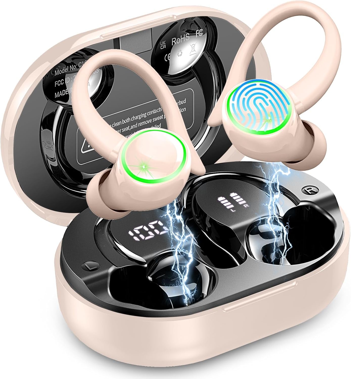 Wireless Earbuds Sports, Bluetooth Headphones 5.3, 50H Playback Over-Ear Buds with 4 ENC Noise Cancelling Mic, Deep Bass Earphones with Earhooks, IP7 Waterproof Fitness Headset for Running Workout Gym