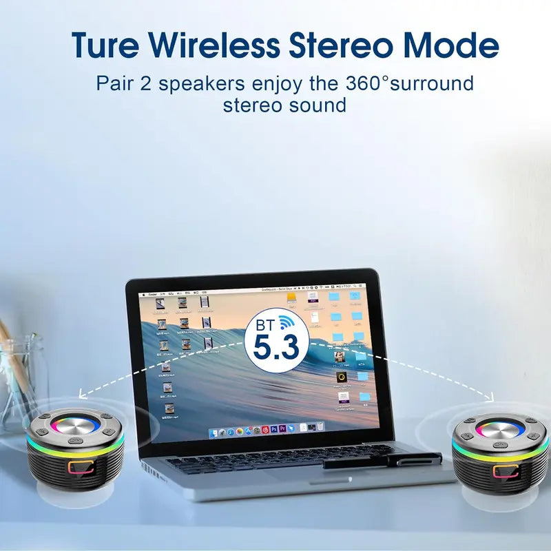 WHATOOK Portable Bluetooth Speaker 360°HD Sound,Ipx7 Waterproof,Stereo Sound, 24H Playtime,Rgb Lights,Dual Pairing,Bluetooth 5.3,FM Radio, Perfect for Kayak, Beach,Travel,Party,Shower,Outdoor,Gifts