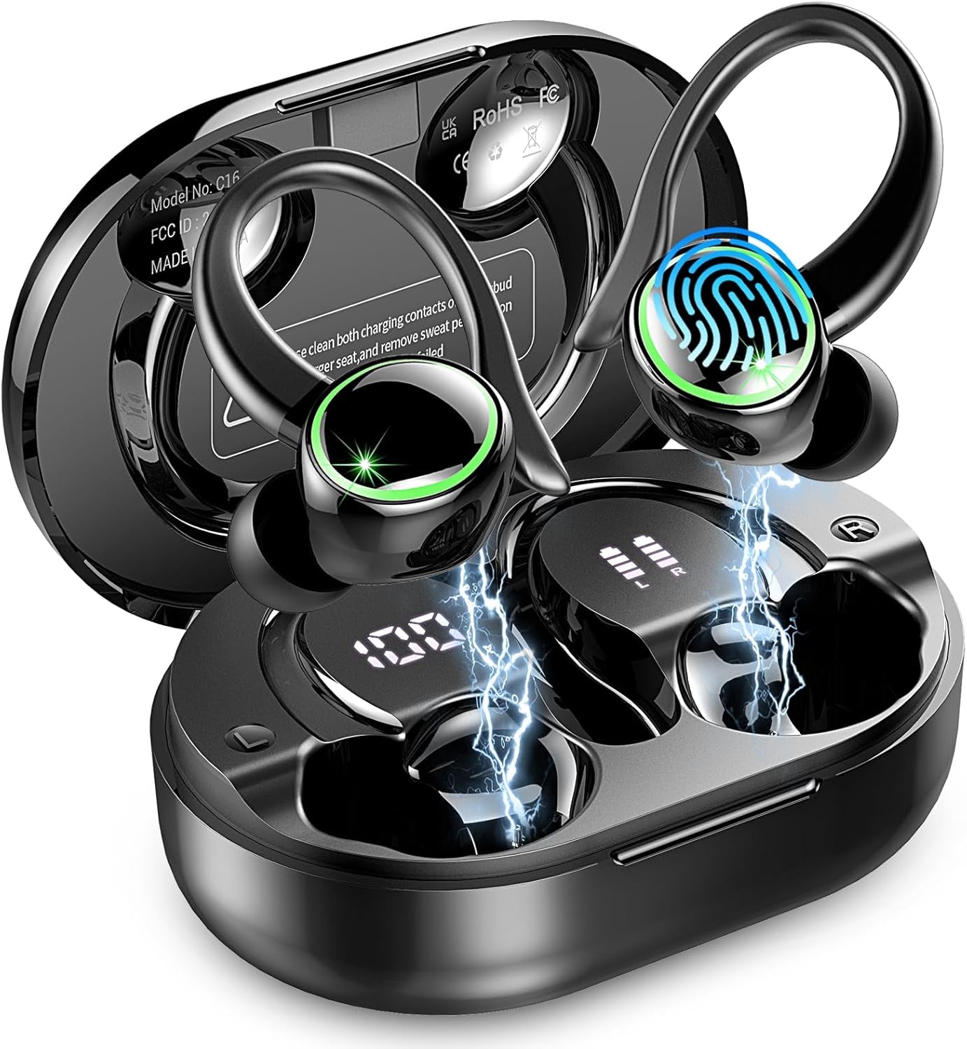 Wireless Earbuds Sports, Bluetooth Headphones 5.3, 50H Playback Over-Ear Buds with 4 ENC Noise Cancelling Mic, Deep Bass Earphones with Earhooks, IP7 Waterproof Fitness Headset for Running Workout Gym