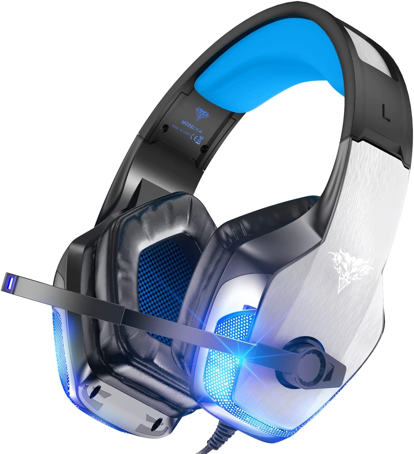 V-4 Gaming Headset for Xbox One, PS4, PC, Controller, Noise Cancelling over Ear Headphones with Mic, LED Light Bass Surround Soft Memory Earmuffs for PS2 Mac Sega Dreamcast PS5 Games
