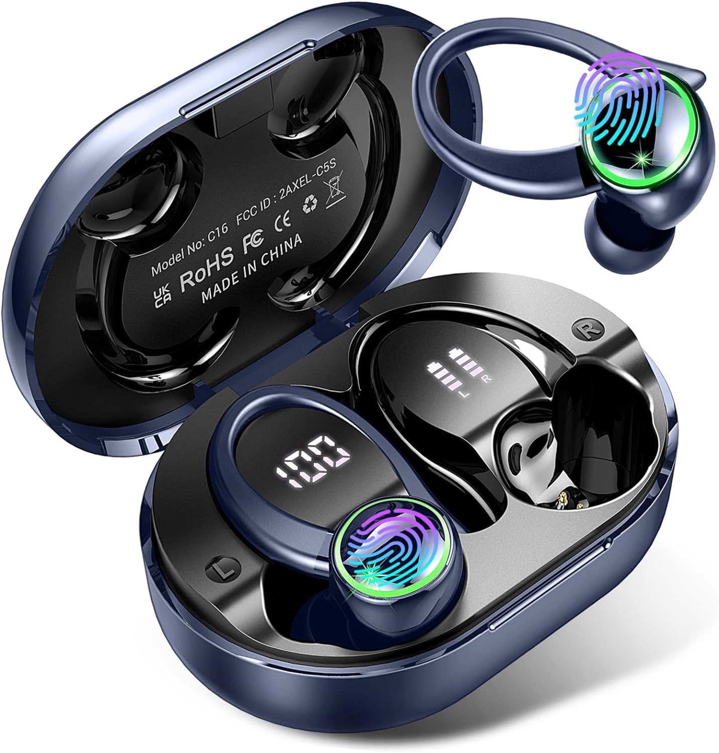 Wireless Earbuds Sports, Bluetooth Headphones 5.3, 50H Playback Over-Ear Buds with 4 ENC Noise Cancelling Mic, Deep Bass Earphones with Earhooks, IP7 Waterproof Fitness Headset for Running Workout Gym
