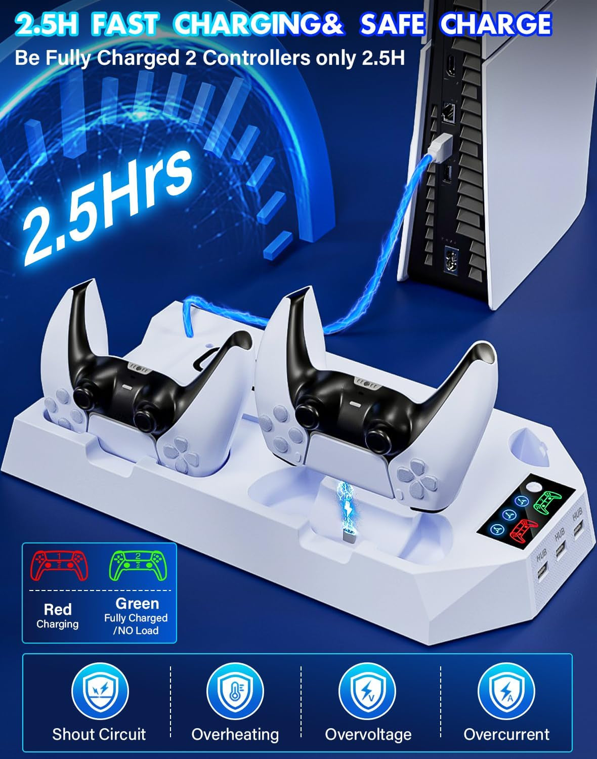 For PS5/PS5 Slim Cooling Station with Controller Charging Station for Playstation 5 Slim&Standard Disc/Digital Console, Stand for PS5 Slim Cooler Accessories Incl Cooling Fan/3 USB Hub/Headset Holder