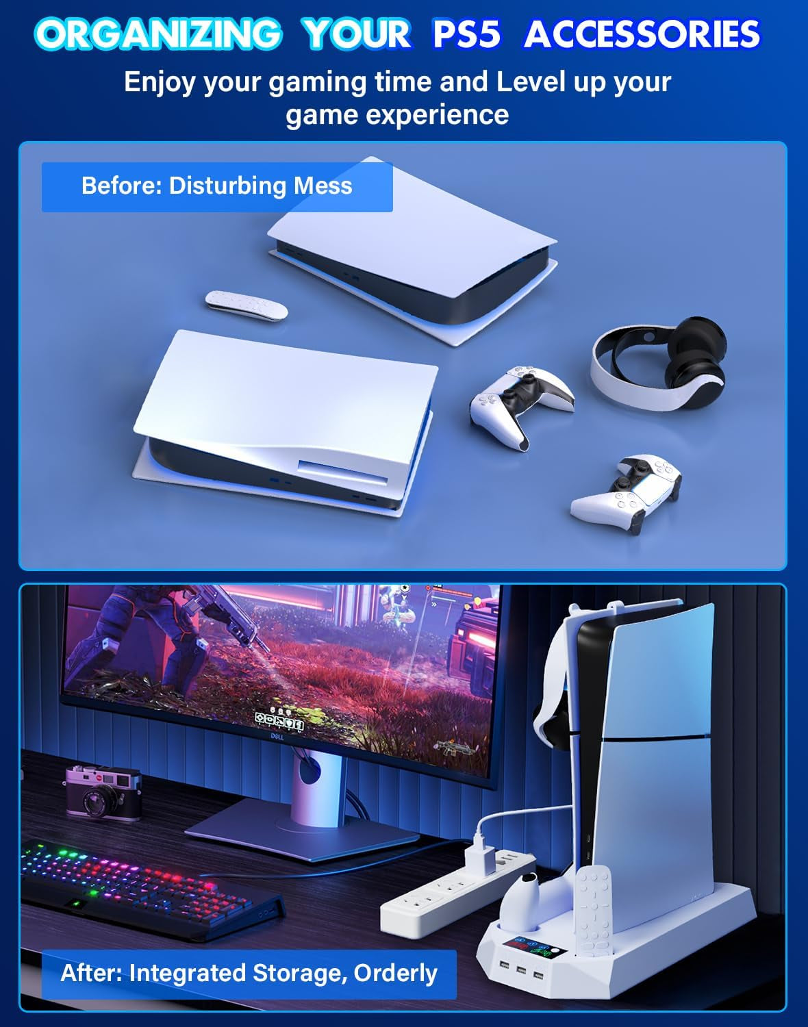 For PS5/PS5 Slim Cooling Station with Controller Charging Station for Playstation 5 Slim&Standard Disc/Digital Console, Stand for PS5 Slim Cooler Accessories Incl Cooling Fan/3 USB Hub/Headset Holder