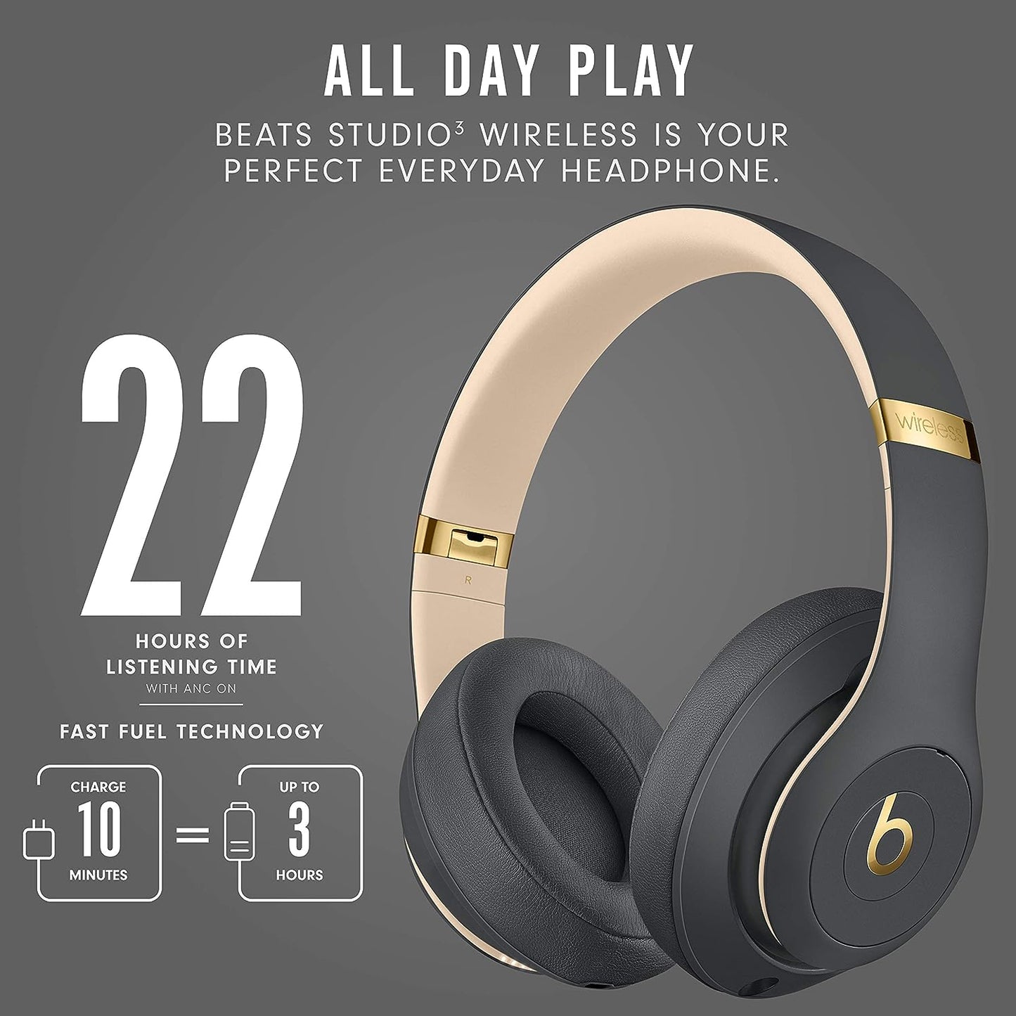 Studio3 Wireless Noise Cancelling Over-Ear Headphones - Apple W1 Headphone Chip, Class 1 Bluetooth, 22 Hours of Listening Time, Built-In Microphone - Shadow Gray