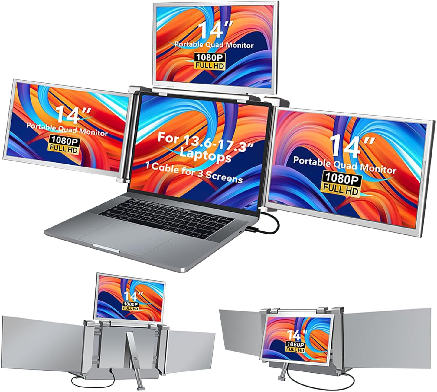 14 Inch Laptop Screen Extender,Fhd 1080P IPS Portable Quad Monitor for 13.6-17.3" Laptops Foldable Monitor,One Cable for Three Displays, Extender Compatible with Wins/Mac(M1 M2 M3)