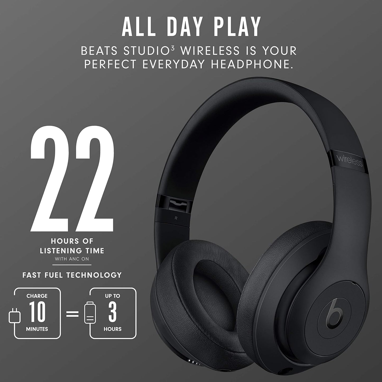 Studio3 Wireless Noise Cancelling Over-Ear Headphones - Apple W1 Headphone Chip, Class 1 Bluetooth, 22 Hours of Listening Time, Built-In Microphone - Matte Black