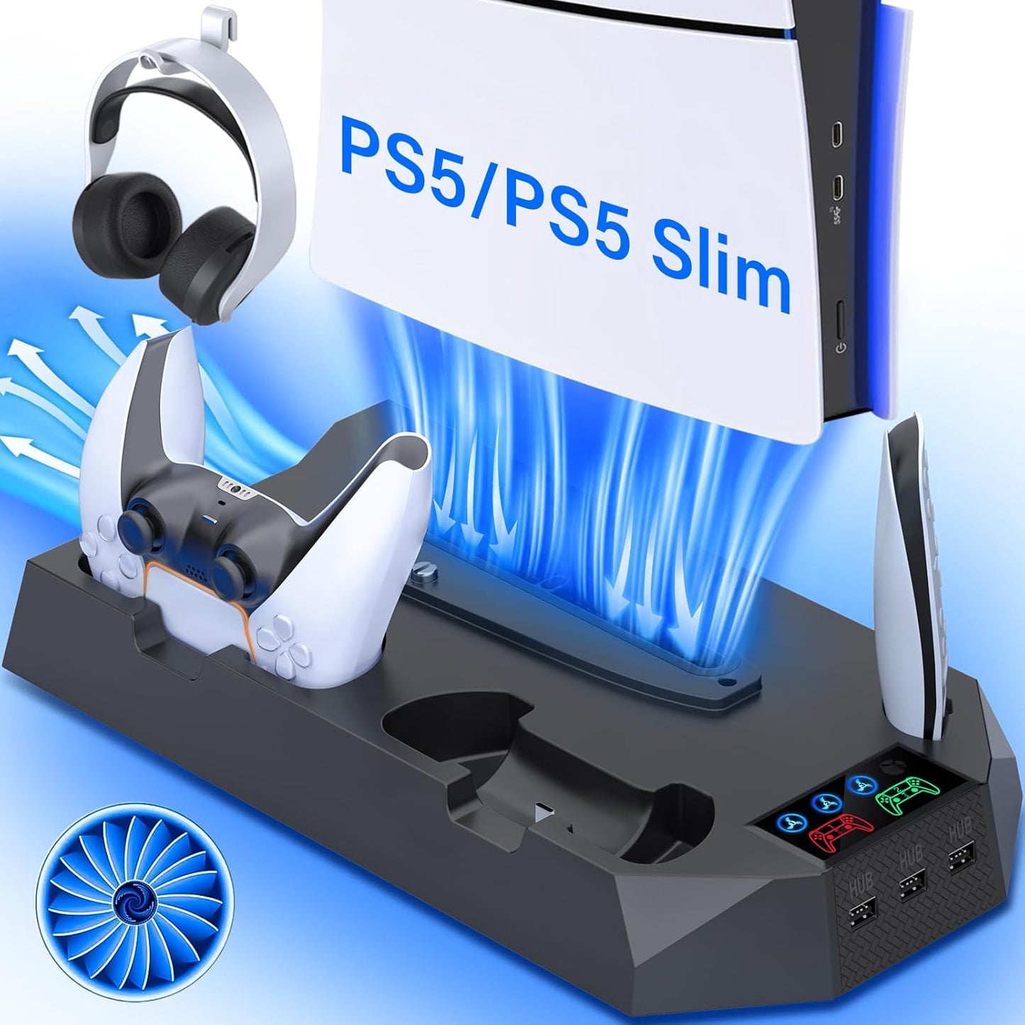 For PS5/PS5 Slim Cooling Station with Controller Charging Station for Playstation 5 Slim&Standard Disc/Digital Console, Stand for PS5 Slim Cooler Accessories Incl Cooling Fan/3 USB Hub/Headset Holder