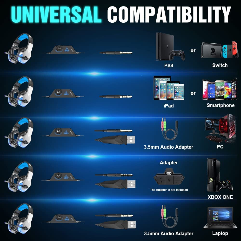 V-4 Gaming Headset for Xbox One, PS4, PC, Controller, Noise Cancelling over Ear Headphones with Mic, LED Light Bass Surround Soft Memory Earmuffs for PS2 Mac Sega Dreamcast PS5 Games