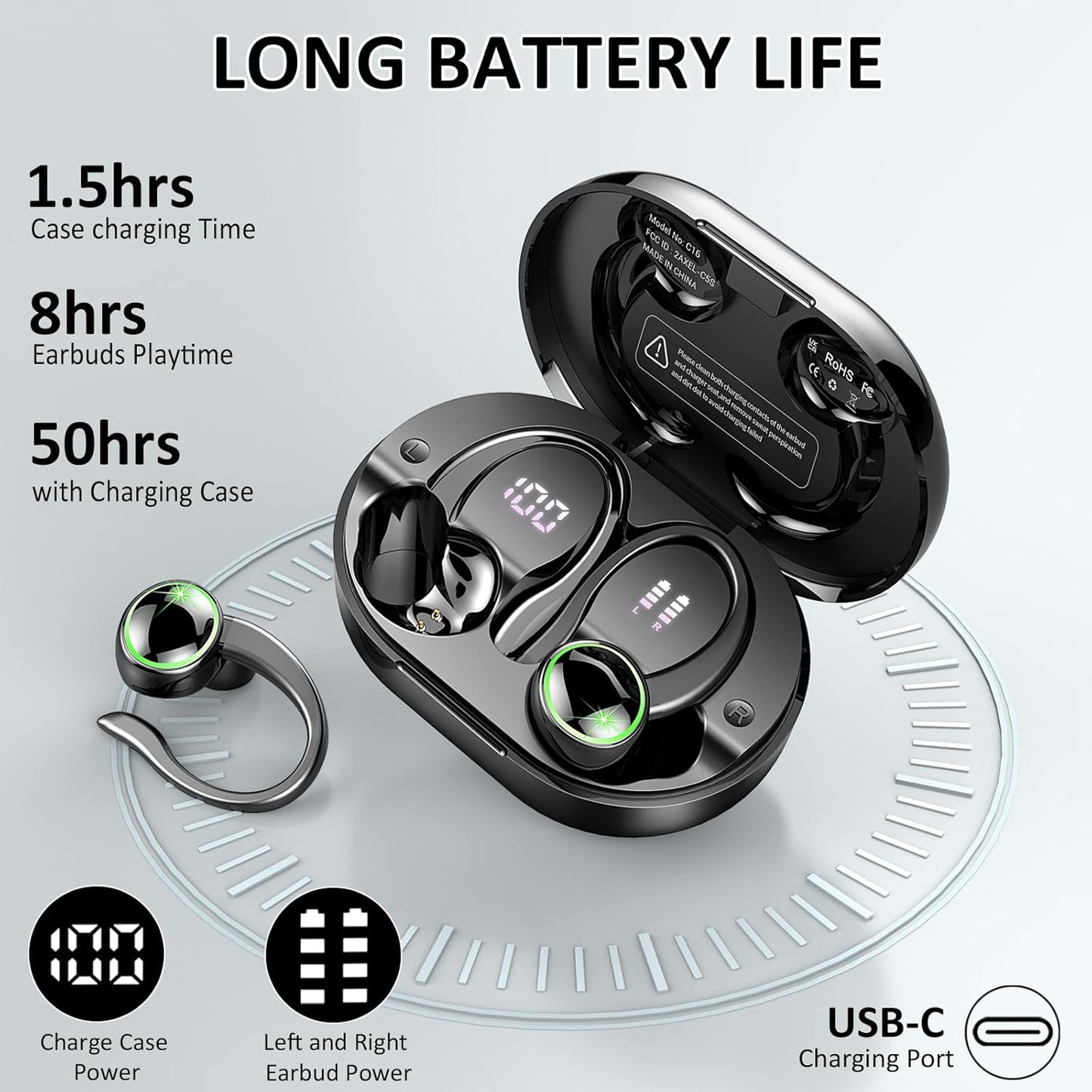 Wireless Earbuds Sports, Bluetooth Headphones 5.3, 50H Playback Over-Ear Buds with 4 ENC Noise Cancelling Mic, Deep Bass Earphones with Earhooks, IP7 Waterproof Fitness Headset for Running Workout Gym