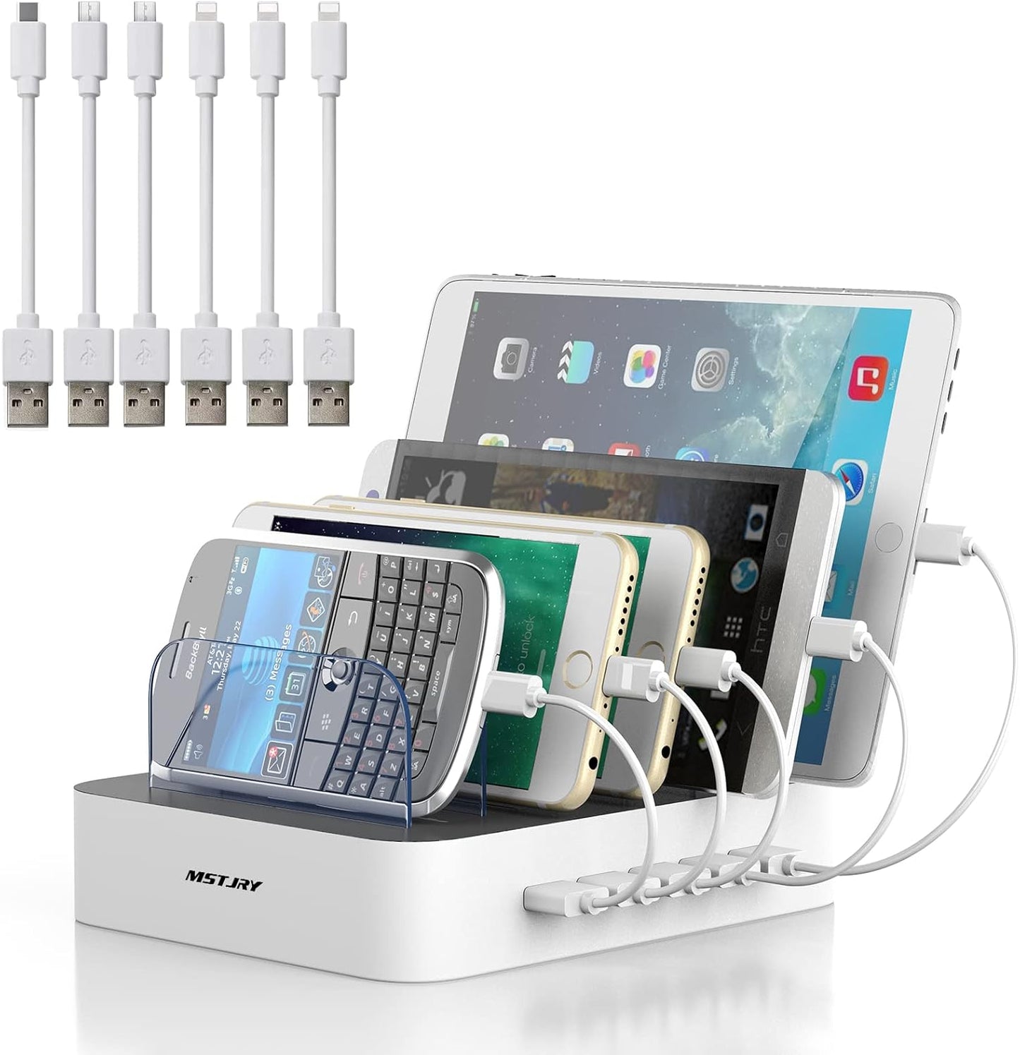Charging Station for Multiple Devices, 5 Port Multi USB-A Charger Station with Power Switch Designed for Iphone Ipad Cell Phone Tablets (Gray, 7 Mixed Short Cables Included)