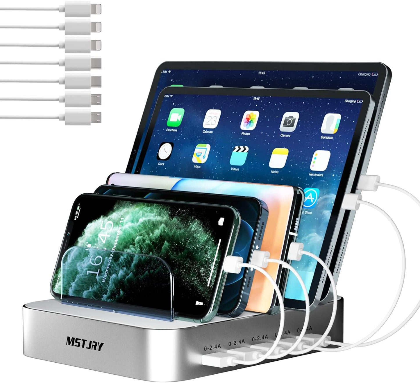 Charging Station for Multiple Devices, 5 Port Multi USB-A Charger Station with Power Switch Designed for Iphone Ipad Cell Phone Tablets (Gray, 7 Mixed Short Cables Included)